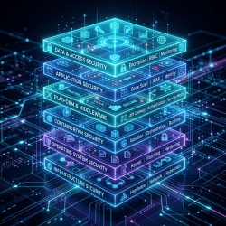 Stacked layers representing different cybersecurity domains such as data access, application, platform, container, operating system, and infrastructure security